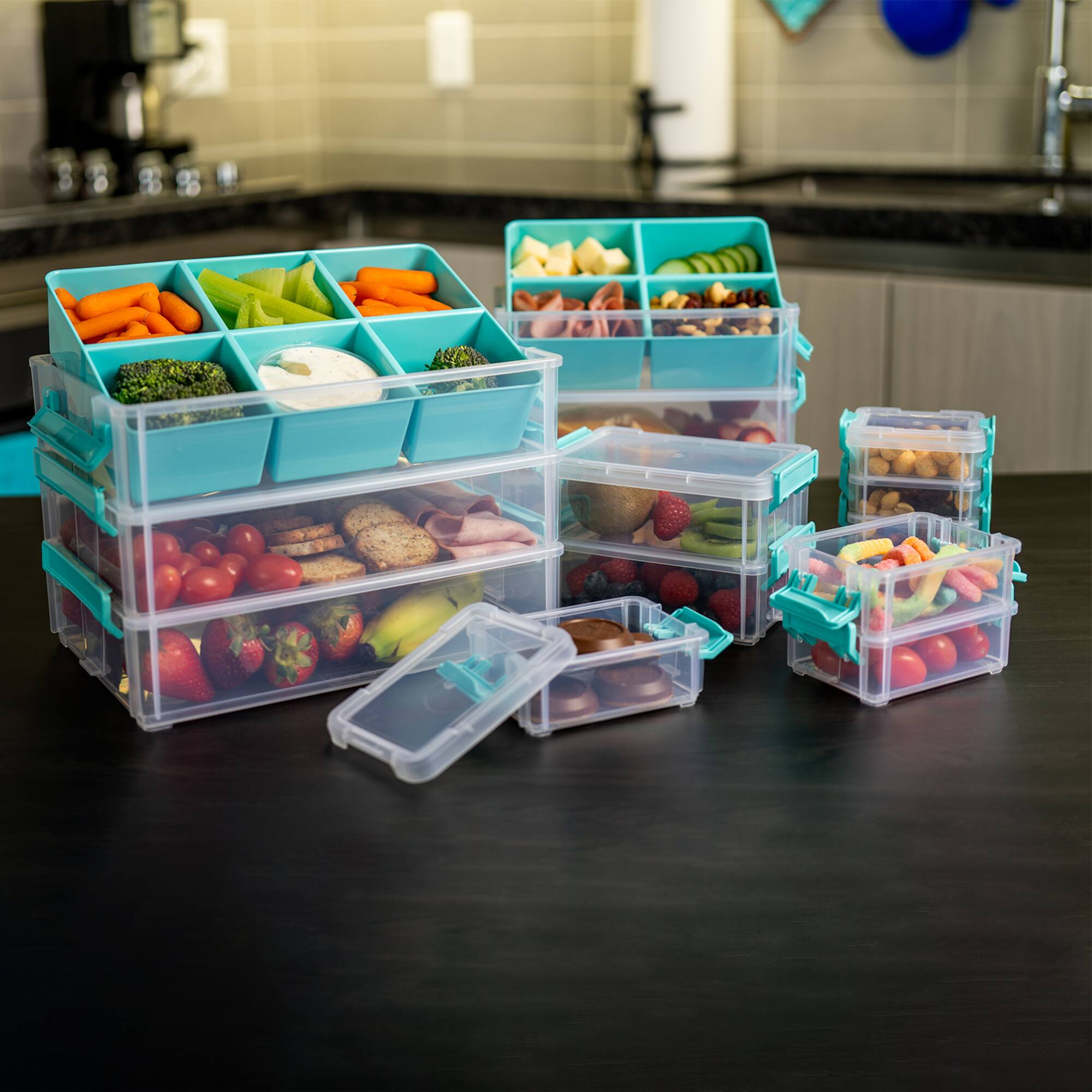 John Bead 4.5" Joy Filled Clear & Turquoise Stackable Containers With Lids